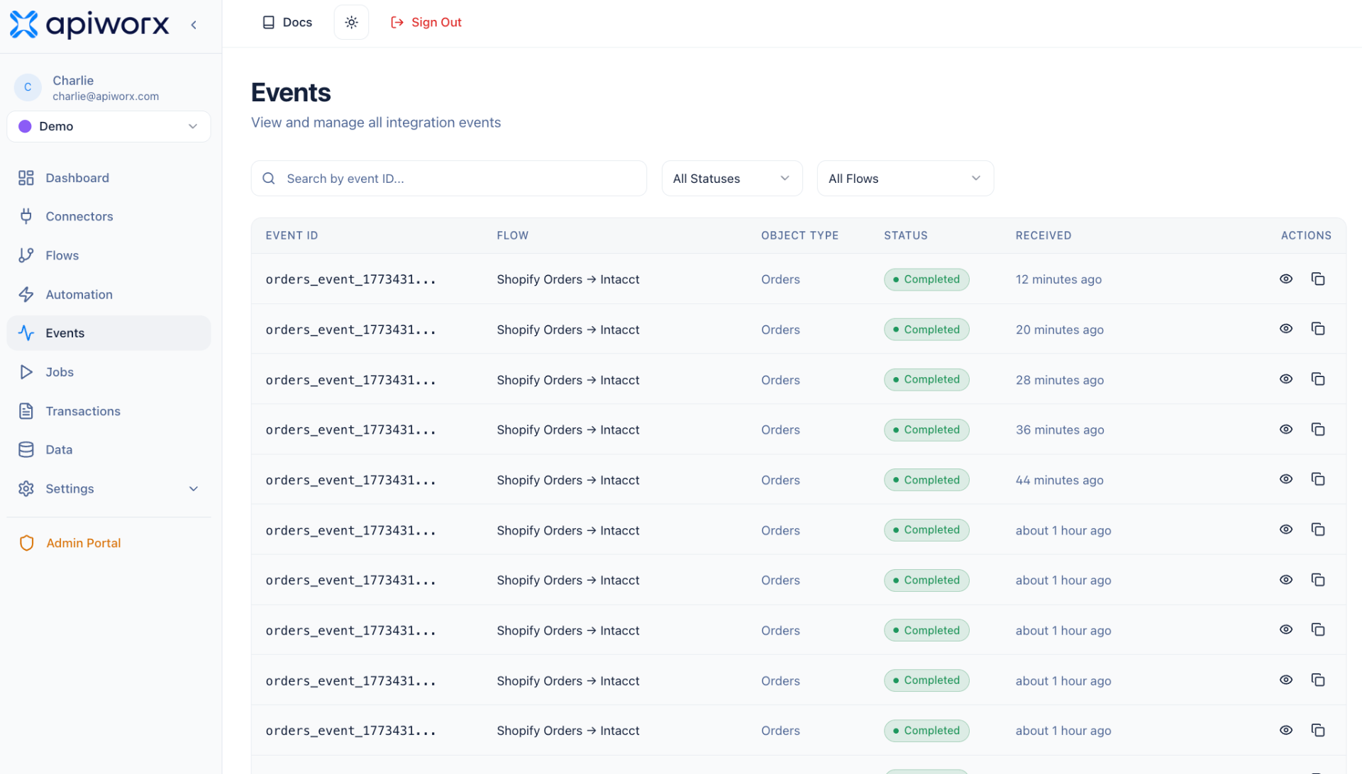 APIWORX event log showing integration exceptions caught by the operations team